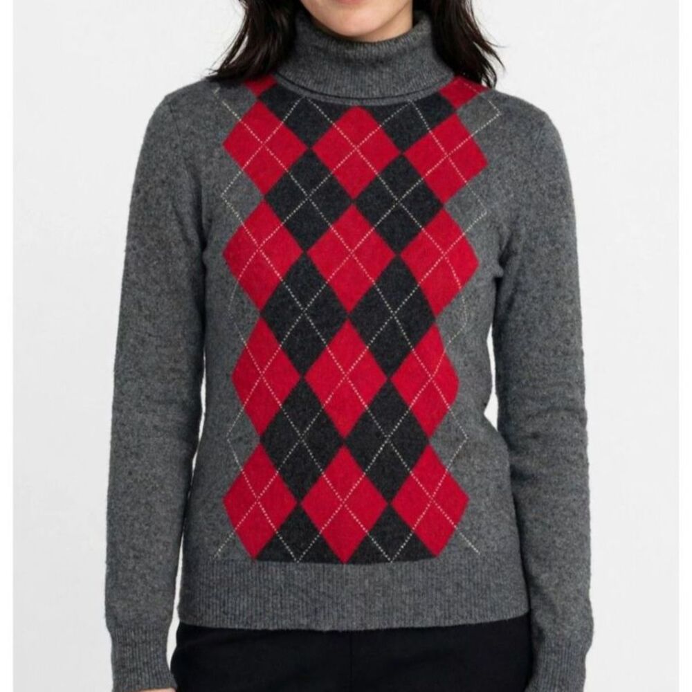 Apt. 9 100% Cashmere Gray Red Argyle Turtleneck Sweater Size S